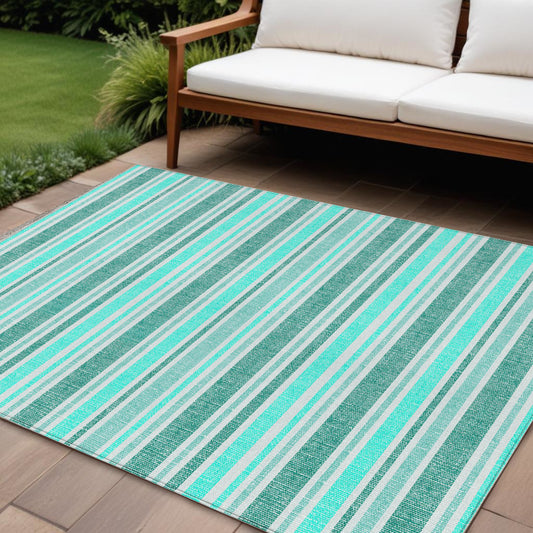 8' X 10' Turquoise Striped Washable Indoor Outdoor Area Rug