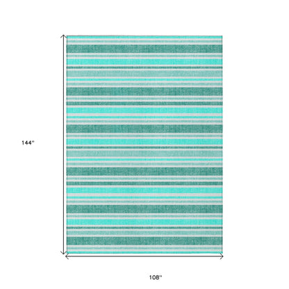 9' X 12' Turquoise Striped Washable Indoor Outdoor Area Rug