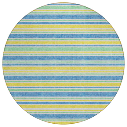 8' X 8' Blue Yellow and Green Round Striped Washable Non Skid Indoor Outdoor Area Rug