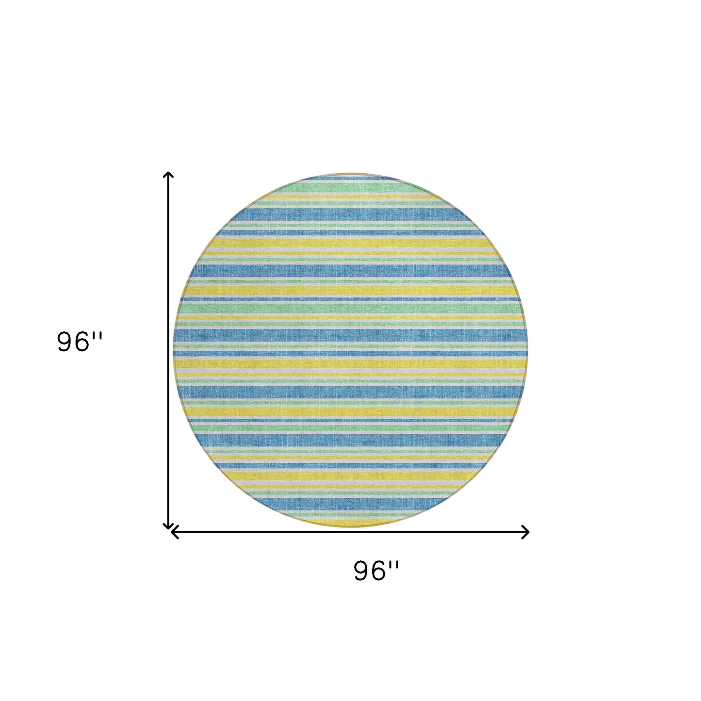 8' X 8' Blue Yellow and Green Round Striped Washable Non Skid Indoor Outdoor Area Rug