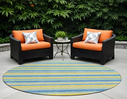 8' X 8' Blue Yellow and Green Round Striped Washable Non Skid Indoor Outdoor Area Rug