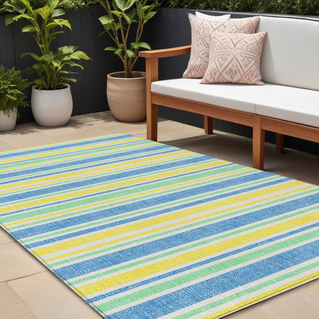 8' X 10' Blue Yellow and Green Striped Washable Non Skid Indoor Outdoor Area Rug