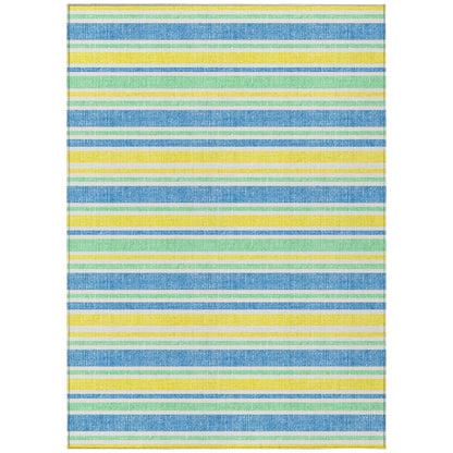 8' X 10' Blue Yellow and Green Striped Washable Non Skid Indoor Outdoor Area Rug