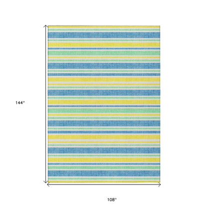 9' X 12' Blue Yellow and Green Striped Washable Non Skid Indoor Outdoor Area Rug