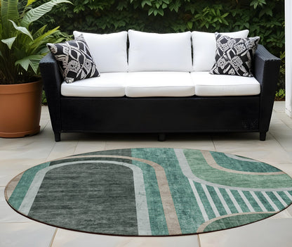 8' X 8' Black and Green Round Abstract Washable Indoor Outdoor Area Rug