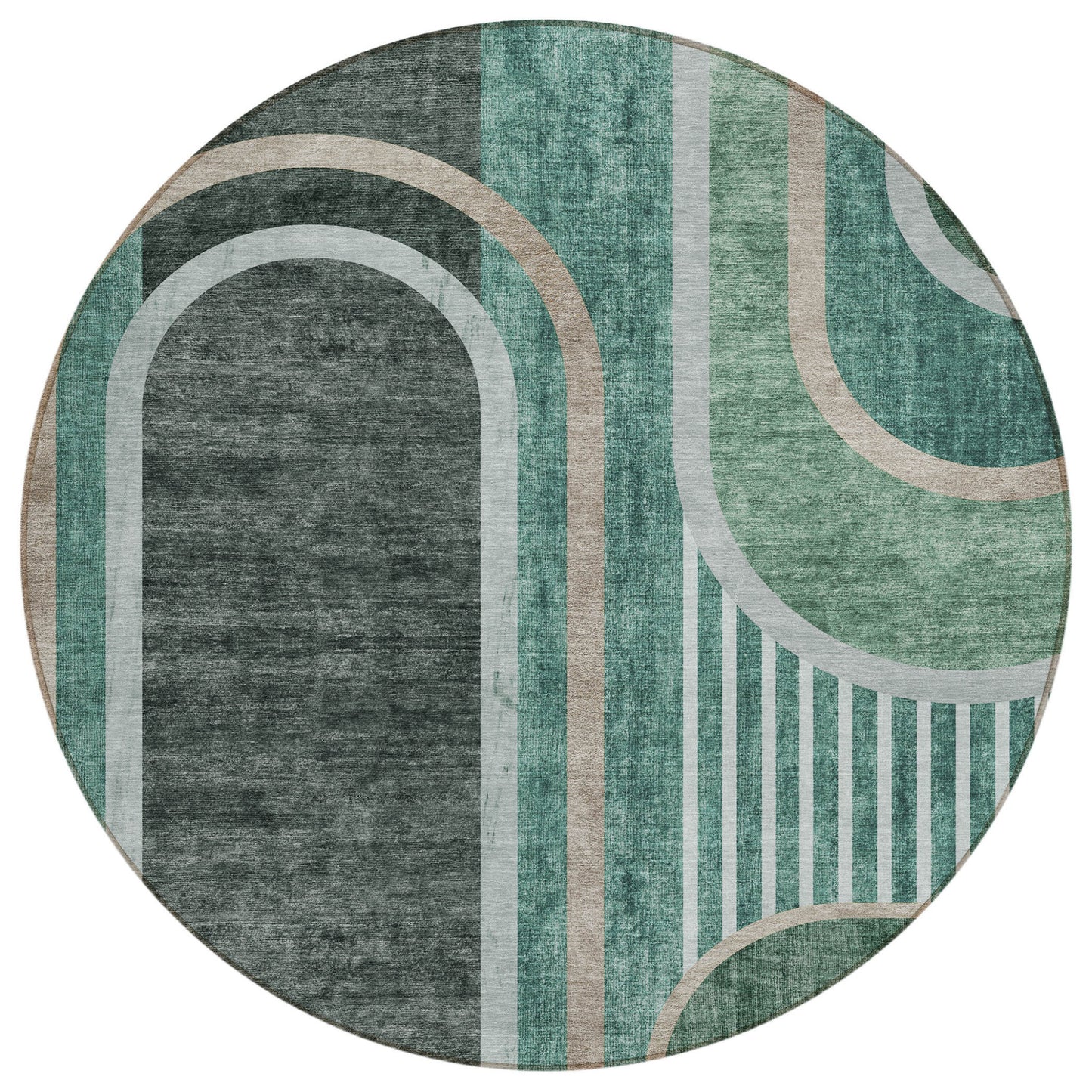 8' X 8' Black and Green Round Abstract Washable Indoor Outdoor Area Rug