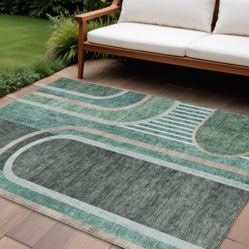 8' X 10' Black and Green Abstract Washable Indoor Outdoor Area Rug