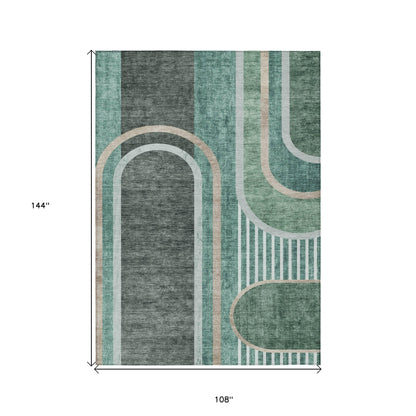 9' X 12' Black and Green Abstract Washable Indoor Outdoor Area Rug