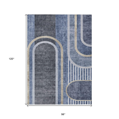 8' X 10' Blue and Black Abstract Washable Indoor Outdoor Area Rug