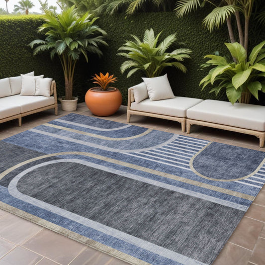 8' X 10' Blue and Black Abstract Washable Indoor Outdoor Area Rug