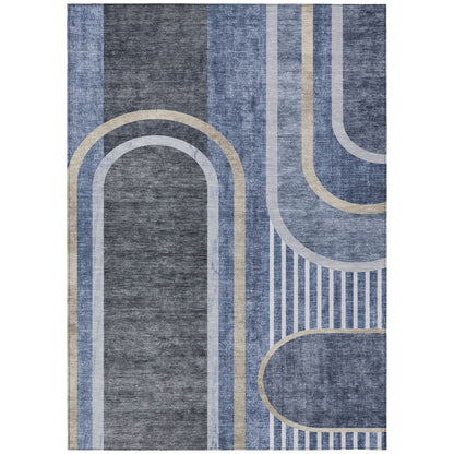 8' X 10' Blue and Black Abstract Washable Indoor Outdoor Area Rug