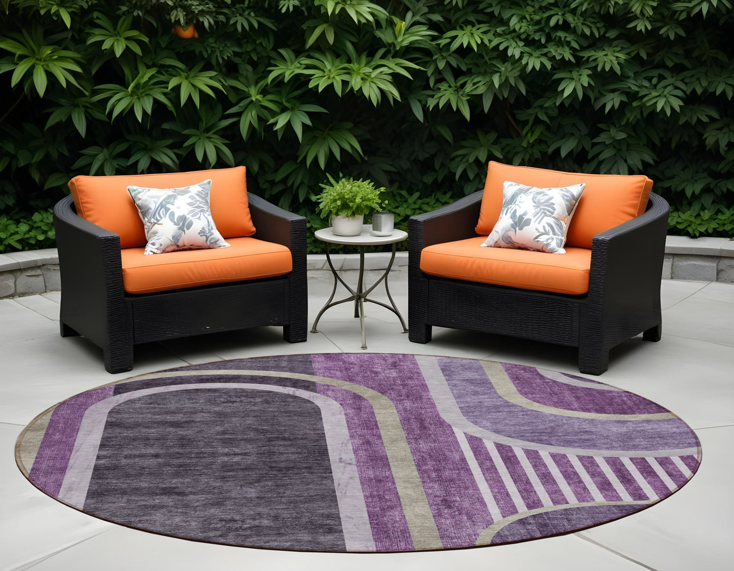 8' X 8' Purple and Black Round Abstract Washable Indoor Outdoor Area Rug