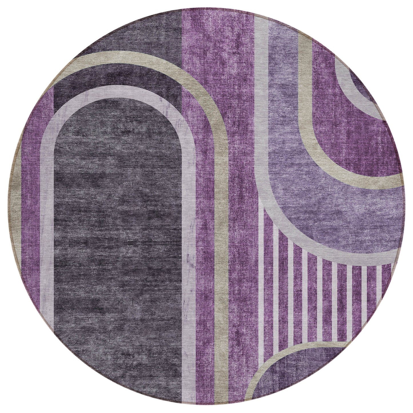 8' X 8' Purple and Black Round Abstract Washable Indoor Outdoor Area Rug