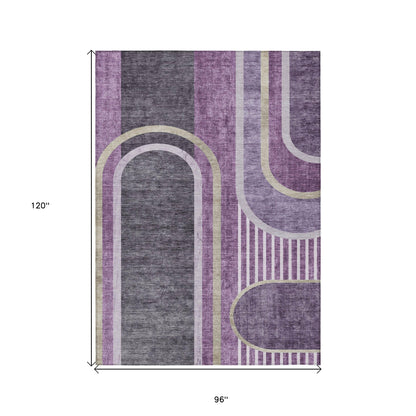 8' X 10' Purple and Black Abstract Washable Indoor Outdoor Area Rug