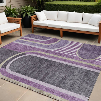 8' X 10' Purple and Black Abstract Washable Indoor Outdoor Area Rug