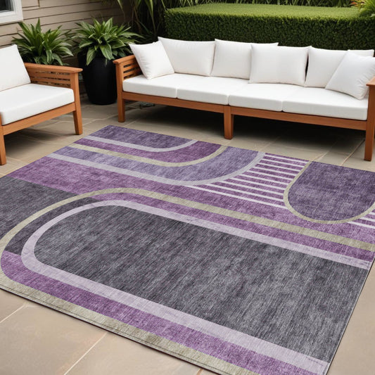 9' X 12' Purple and Black Abstract Washable Indoor Outdoor Area Rug