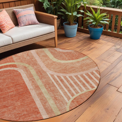 8' X 8' Salmon Round Abstract Washable Indoor Outdoor Area Rug