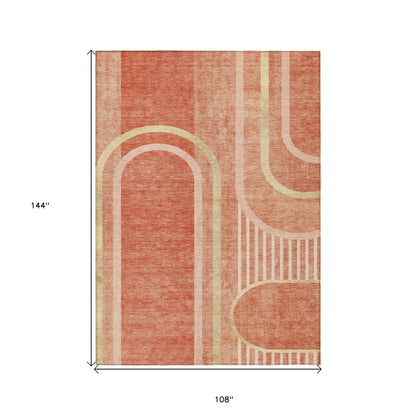 9' X 12' Salmon Abstract Washable Indoor Outdoor Area Rug