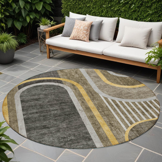 8' X 8' Gray Green and Gold Round Abstract Washable Non Skid Indoor Outdoor Area Rug