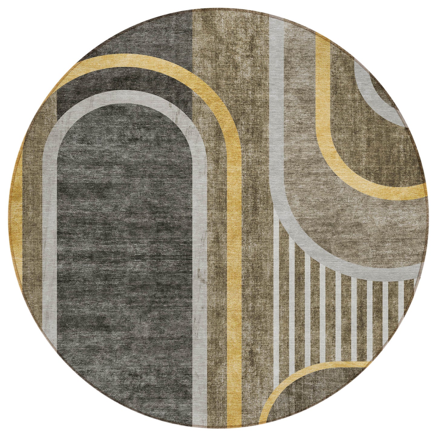 8' X 8' Gray Green and Gold Round Abstract Washable Non Skid Indoor Outdoor Area Rug