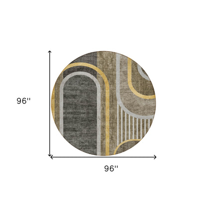 8' X 8' Gray Green and Gold Round Abstract Washable Non Skid Indoor Outdoor Area Rug