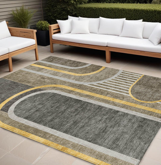 8' X 10' Gray Green and Gold Abstract Washable Non Skid Indoor Outdoor Area Rug