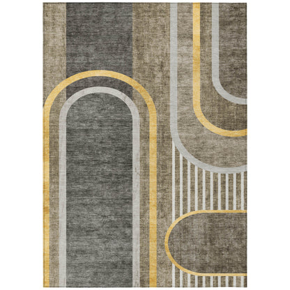 8' X 10' Gray Green and Gold Abstract Washable Non Skid Indoor Outdoor Area Rug