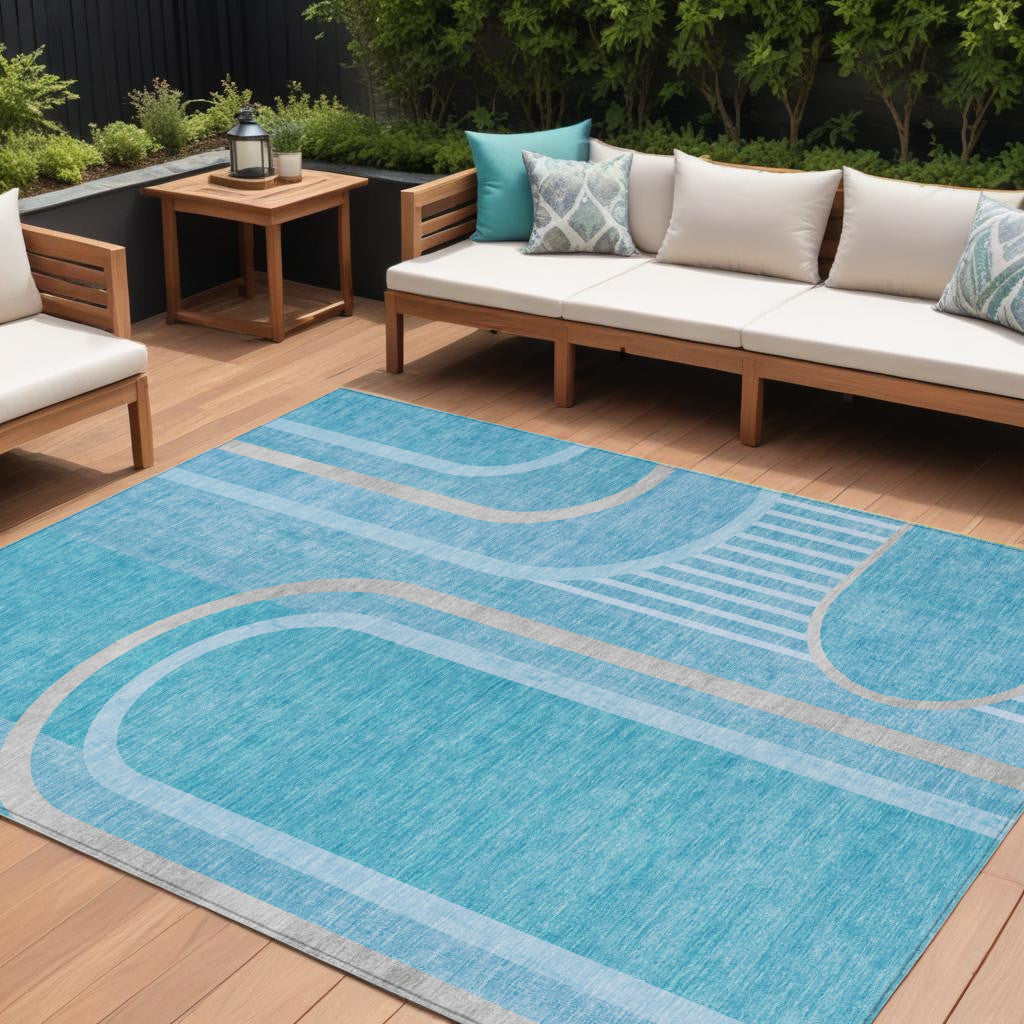 9' X 12' Teal Abstract Washable Indoor Outdoor Area Rug