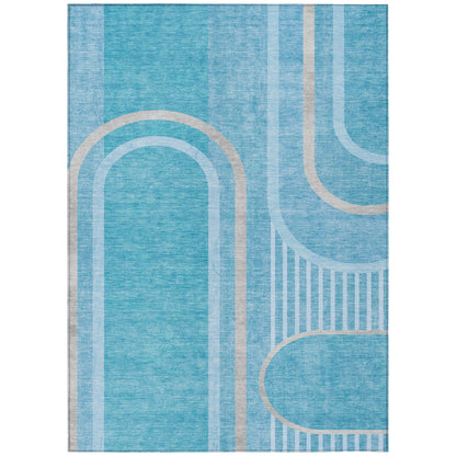 9' X 12' Teal Abstract Washable Indoor Outdoor Area Rug