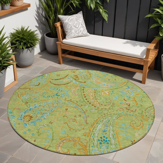 8' X 8' Artichoke Green Round Paisley Washable Indoor Outdoor Area Rug