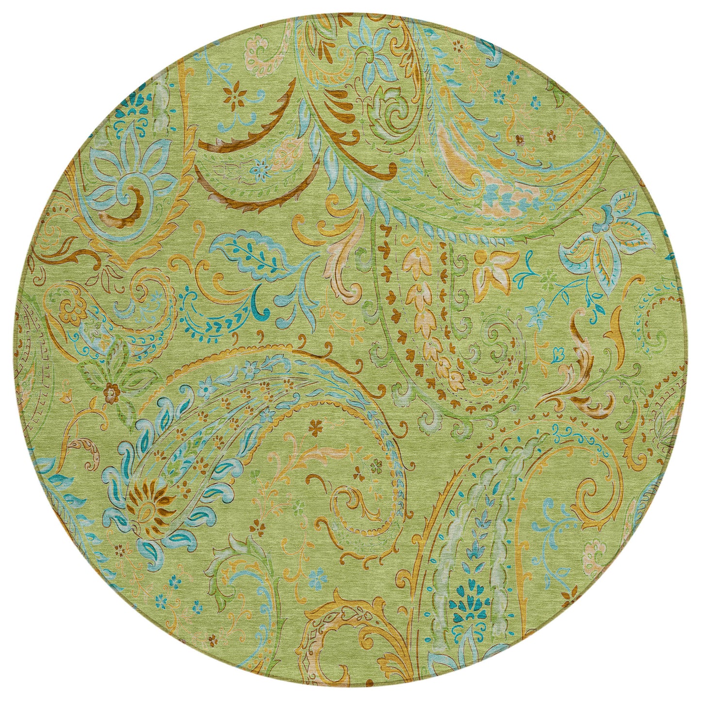 8' X 8' Artichoke Green Round Paisley Washable Indoor Outdoor Area Rug