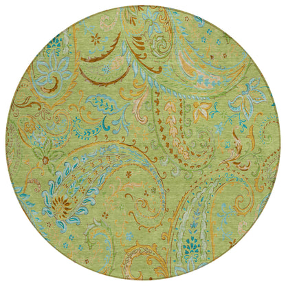 8' X 8' Artichoke Green Round Paisley Washable Indoor Outdoor Area Rug