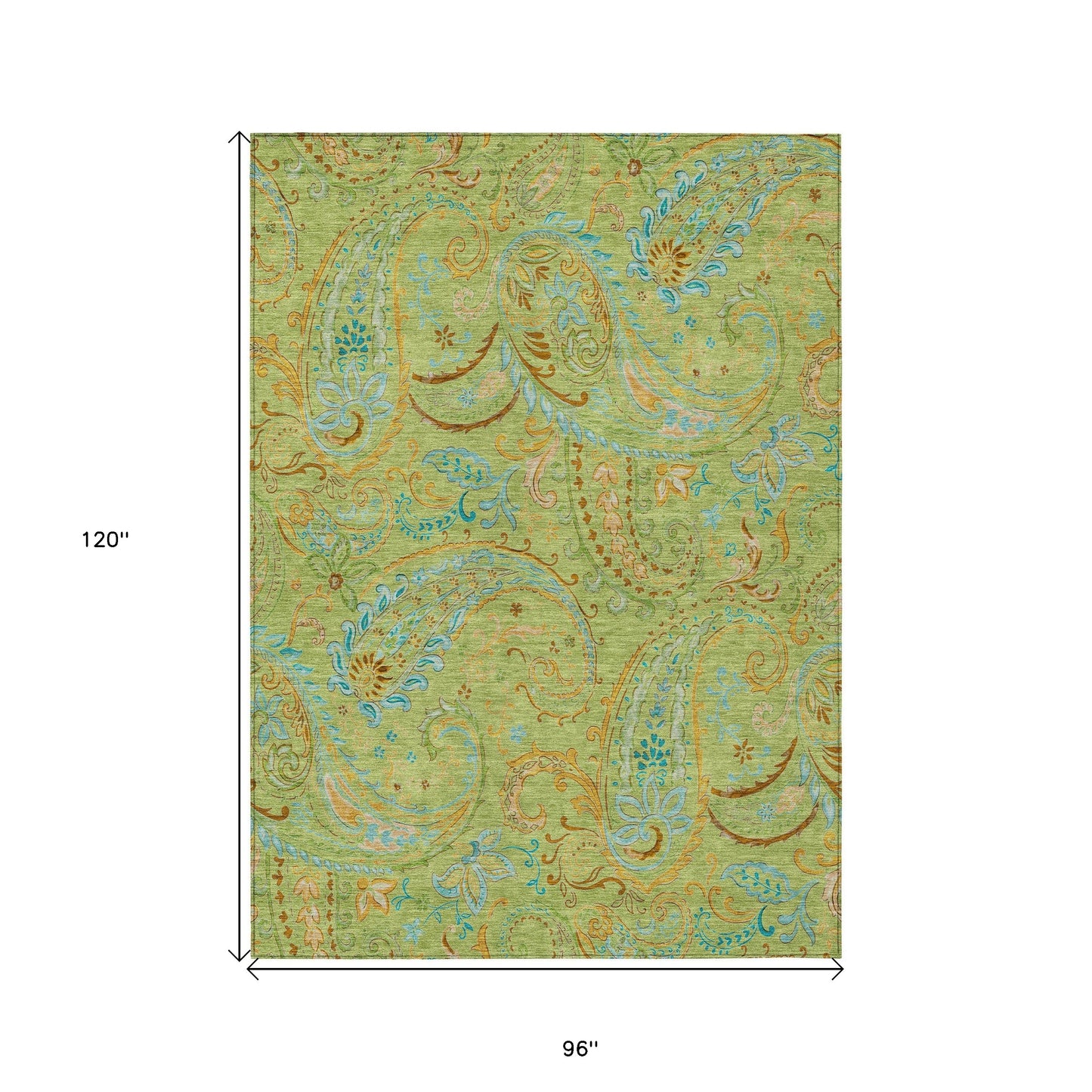 8' X 10' Artichoke Green Paisley Washable Indoor Outdoor Area Rug