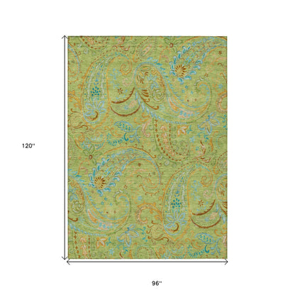 8' X 10' Artichoke Green Paisley Washable Indoor Outdoor Area Rug