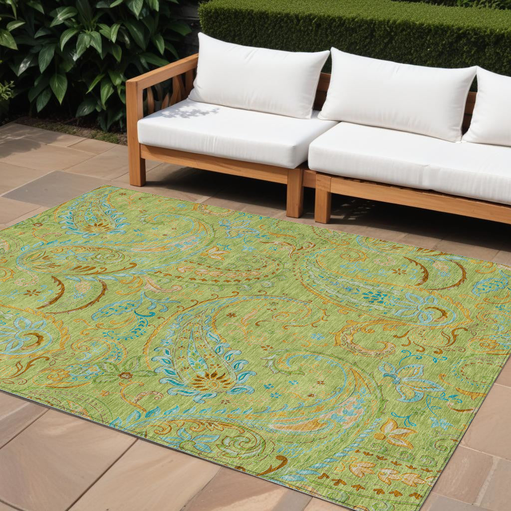 8' X 10' Artichoke Green Paisley Washable Indoor Outdoor Area Rug