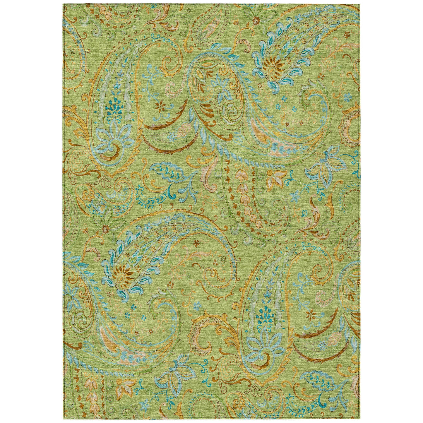 8' X 10' Artichoke Green Paisley Washable Indoor Outdoor Area Rug