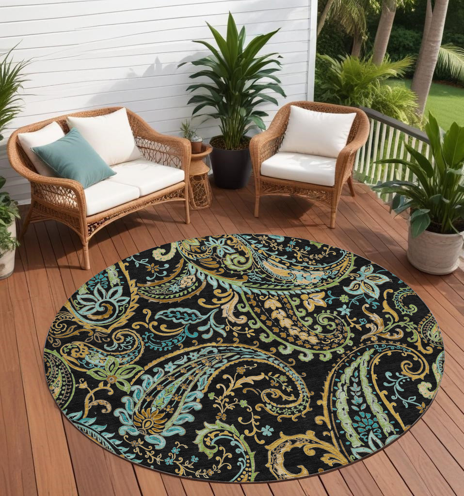 8' X 8' Black and Gold Round Paisley Washable Non Skid Indoor Outdoor Area Rug