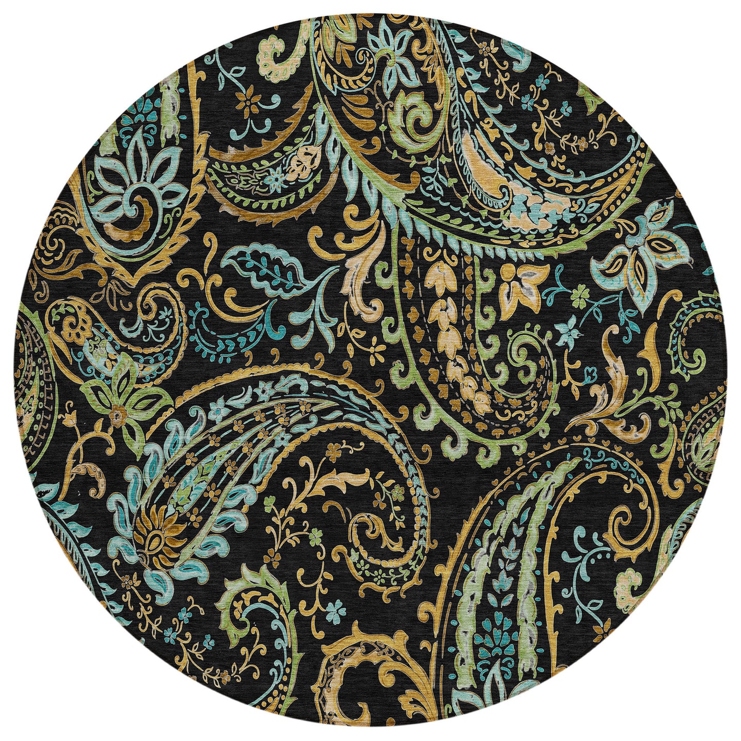 8' X 8' Black and Gold Round Paisley Washable Non Skid Indoor Outdoor Area Rug