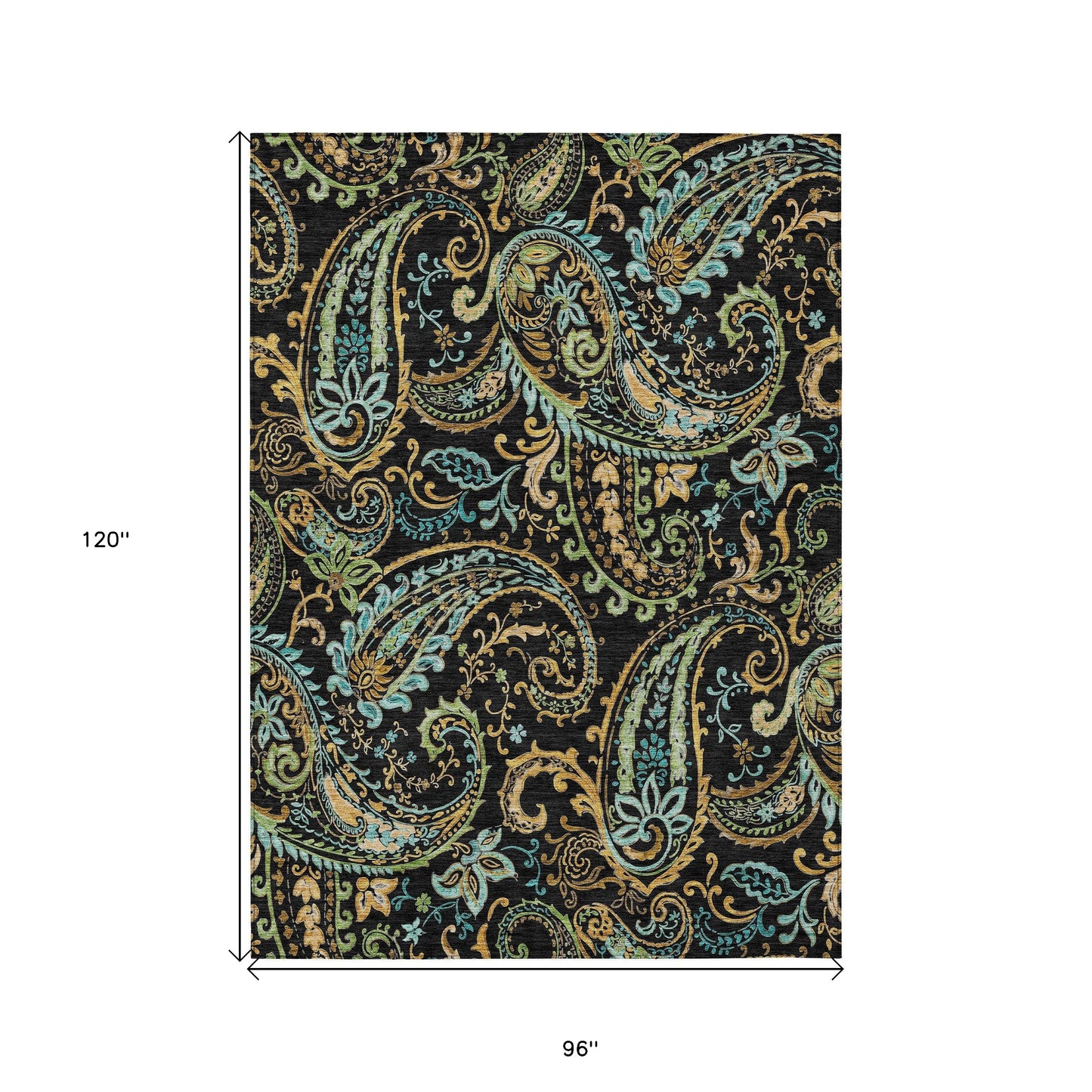 8' X 10' Black and Gold Paisley Washable Non Skid Indoor Outdoor Area Rug