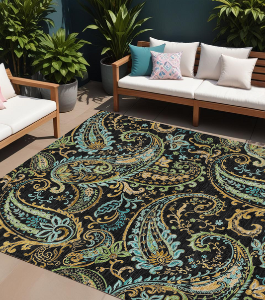 8' X 10' Black and Gold Paisley Washable Non Skid Indoor Outdoor Area Rug