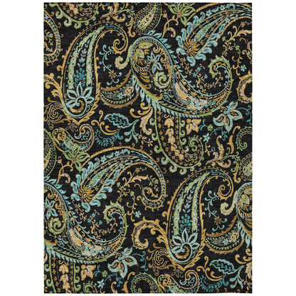 8' X 10' Black and Gold Paisley Washable Non Skid Indoor Outdoor Area Rug