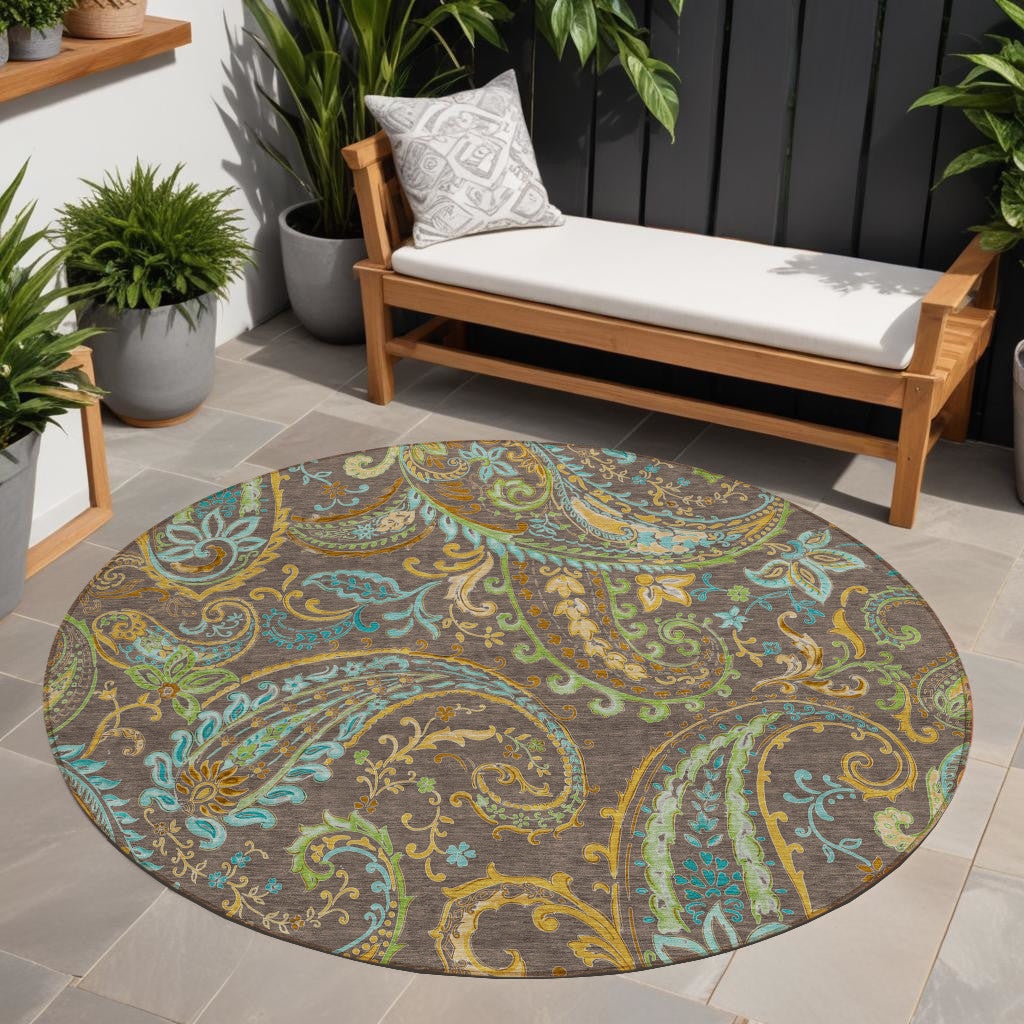 8' X 8' Brown Aqua and Gold Round Paisley Washable Non Skid Indoor Outdoor Area Rug