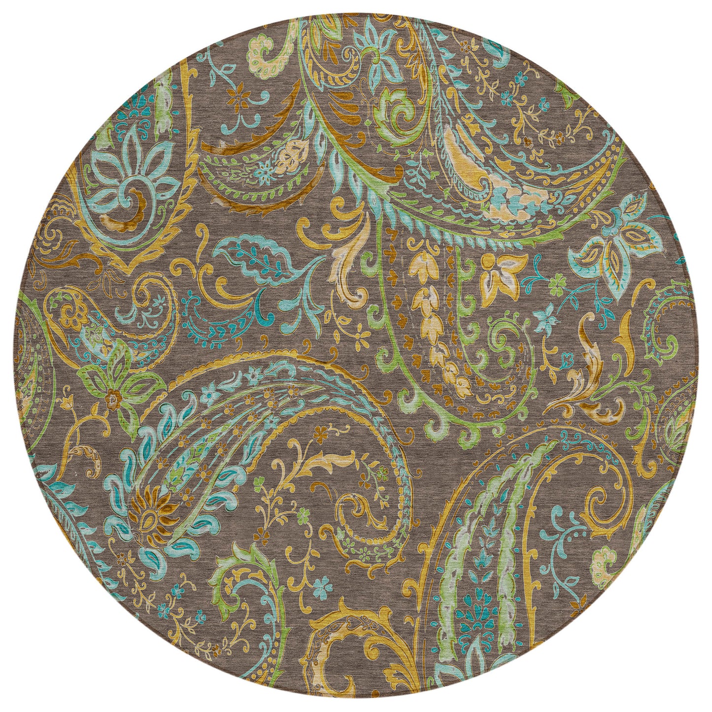 8' X 8' Brown Aqua and Gold Round Paisley Washable Non Skid Indoor Outdoor Area Rug