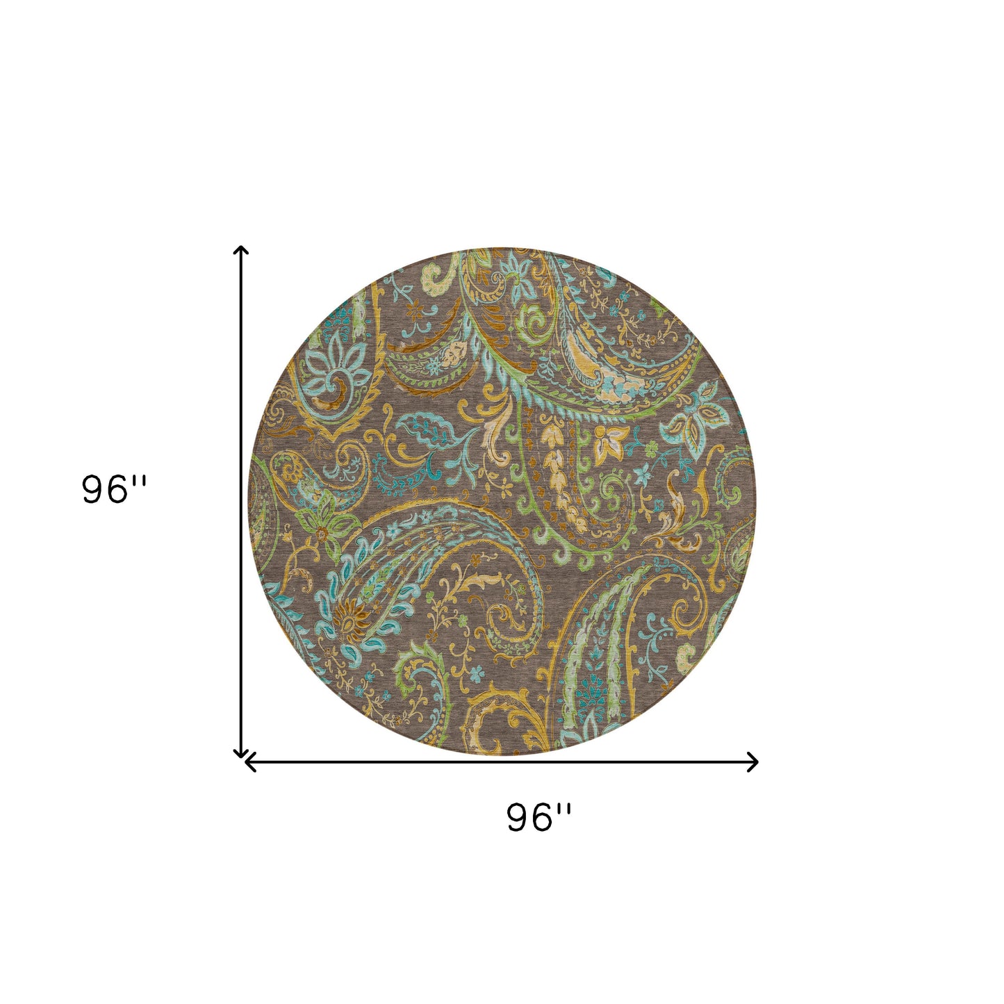 8' X 8' Brown Aqua and Gold Round Paisley Washable Non Skid Indoor Outdoor Area Rug