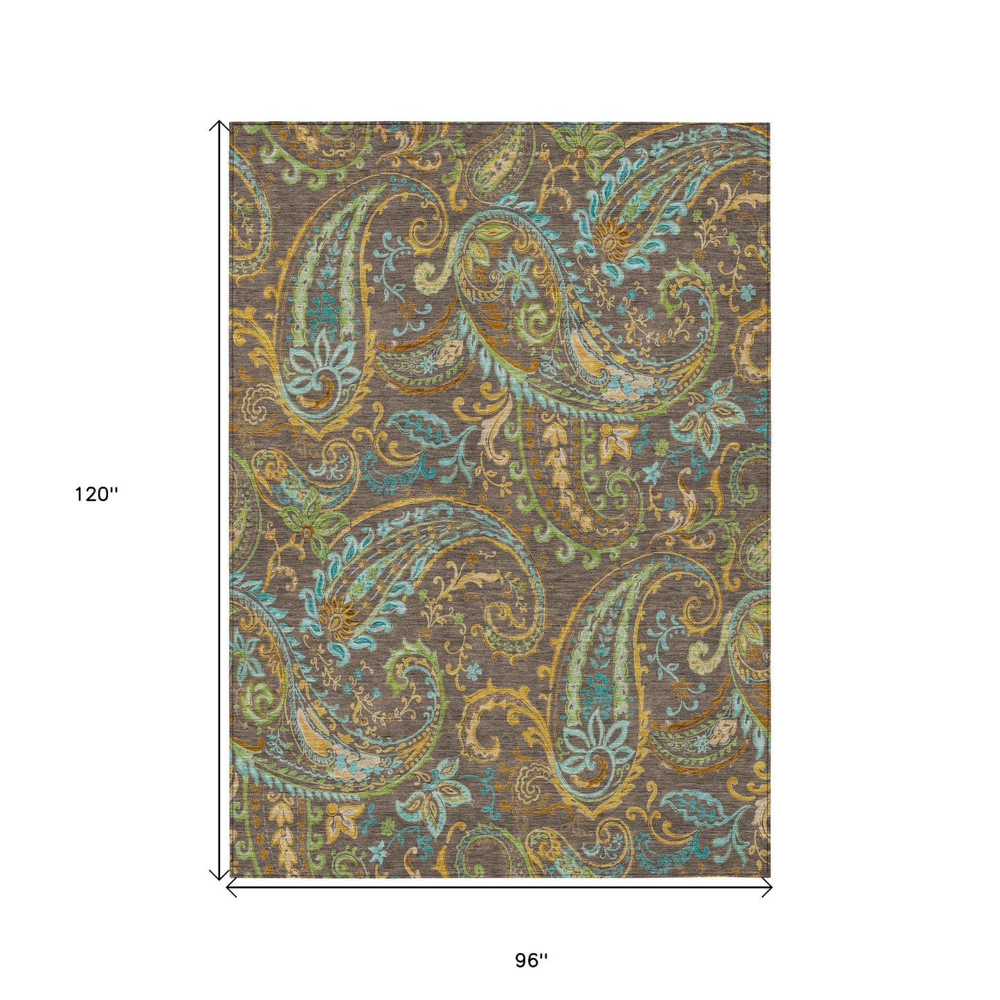 8' X 10' Brown Aqua and Gold Paisley Washable Non Skid Indoor Outdoor Area Rug