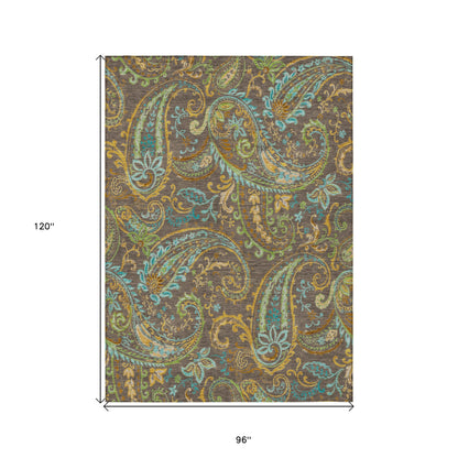 8' X 10' Brown Aqua and Gold Paisley Washable Non Skid Indoor Outdoor Area Rug