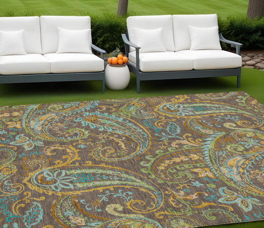 8' X 10' Brown Aqua and Gold Paisley Washable Non Skid Indoor Outdoor Area Rug