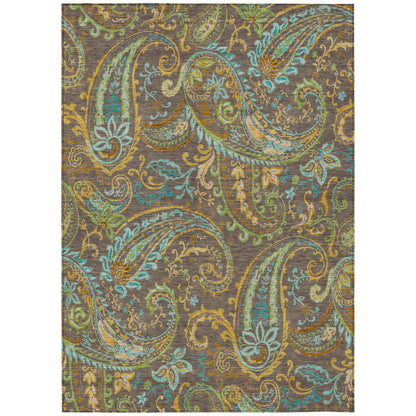 8' X 10' Brown Aqua and Gold Paisley Washable Non Skid Indoor Outdoor Area Rug