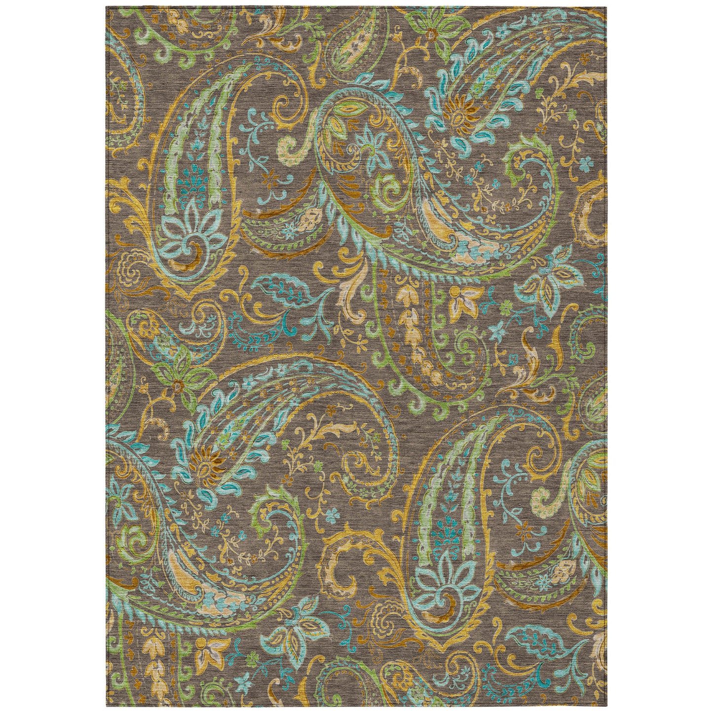 9' X 12' Brown Aqua and Gold Paisley Washable Non Skid Indoor Outdoor Area Rug