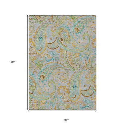 8' X 10' Gray and Gold Paisley Washable Non Skid Indoor Outdoor Area Rug